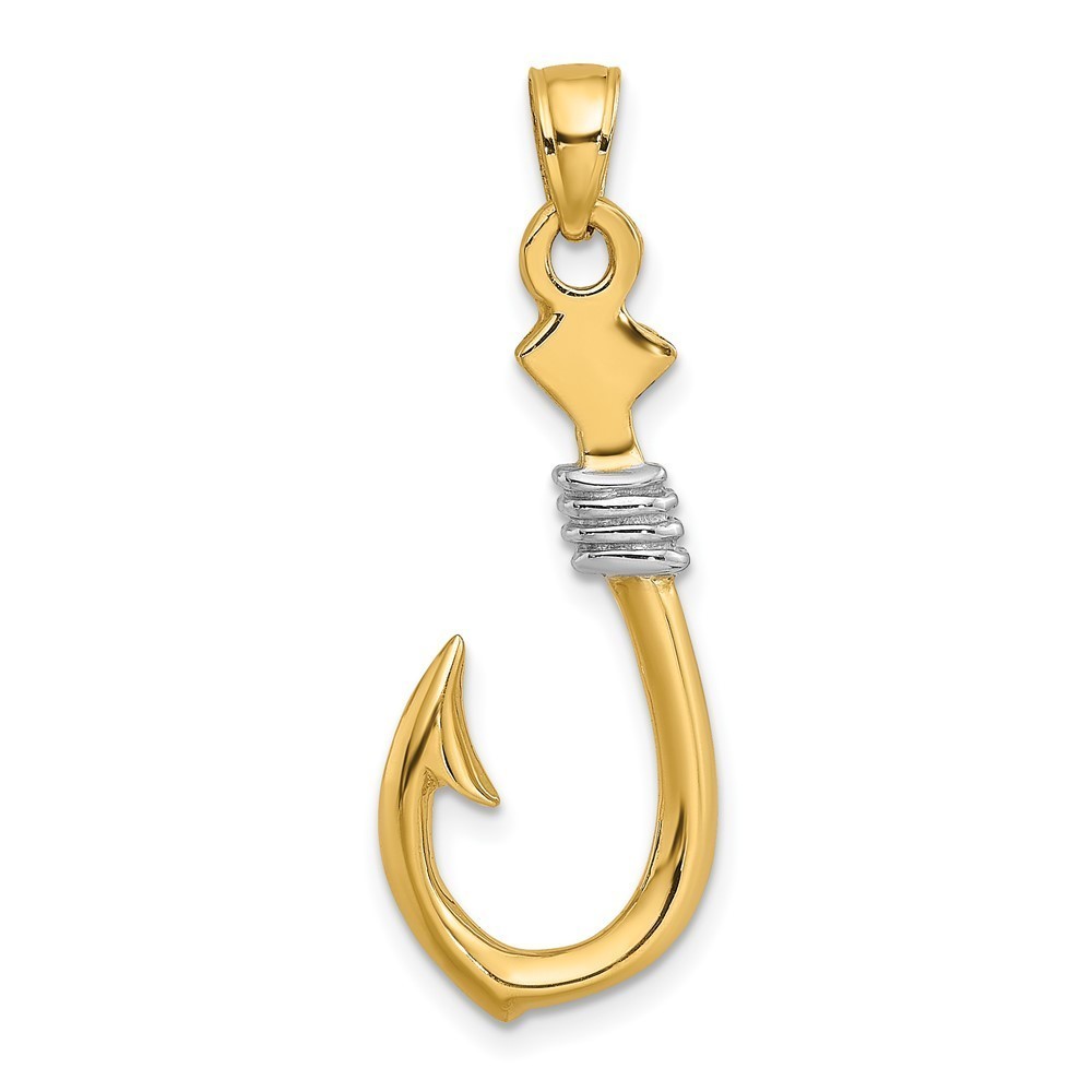 10k Yellow Gold w/Rhodium 3-D Fish Hook With Rope Necklace Charm Pendant